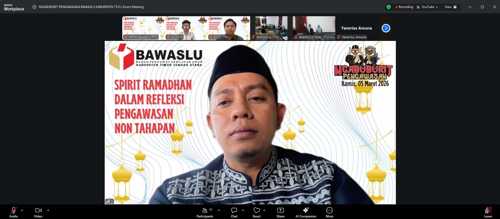 Badan Pengawas Pemilihan Umum (Bawaslu) Kabupaten Timor Tengah Utara (TTU) menggelar diskusi daring bertajuk “Ngabuburit Pengawasan” pada Kamis (5/3/2026) melalui Zoom Meeting. 