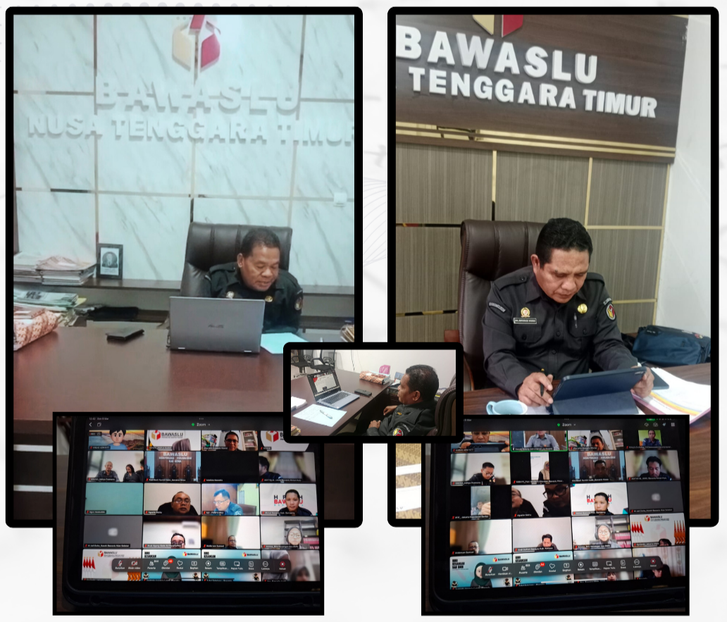 Kepala Sekretariat Bawaslu Provinsi NTT Ignasius Jani bersama Kepala Bagian Administrasi Wilibrodus Ngiso mengikuti rapat rutin jajaran sekretariat yang diselenggarakan oleh Sekretariat Jenderal Bawaslu Republik Indonesia melalui Deputi Bidang Administrasi pada Senin, 9 Maret 2026.