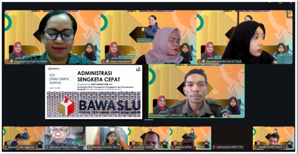 Badan Pengawas Pemilihan Umum (Bawaslu) Provinsi Nusa Tenggara Timur (NTT) kembali menyelenggarakan kegiatan diskusi tematik bertajuk "TOS (Temu Obrol Santai) Kopi Barista (Barisan Penyelesaian Sengketa)" Edisi II pada Senin, 13 April 2026.