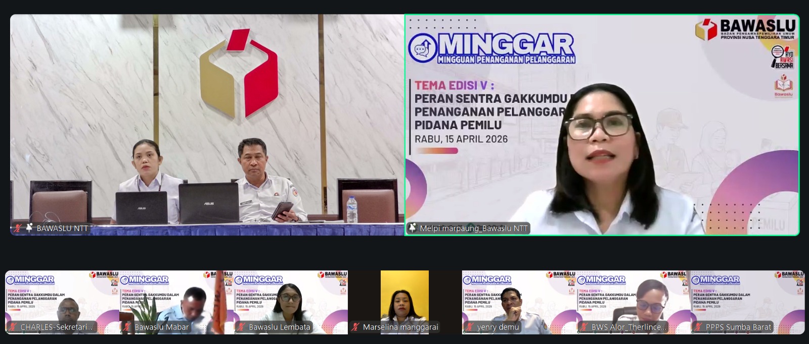 Sebagai wadah peningkatan kapasitas jajaran Pengawas Pemilu di lingkup Provinsi Nusa Tenggara Timur (NTT), Badan Pengawas Pemilihan Umum (Bawaslu) Provinsi NTT menggelar kegiatan Mingguan Penanganan Pelanggaran (MINGGAR) Edisi V, Rabu (15/04/2026).