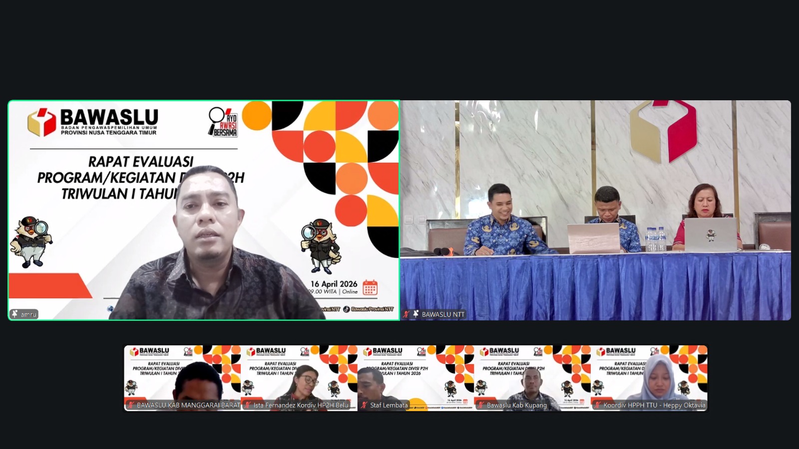 Bawaslu Provinsi Nusa Tenggara Timur melalui Divisi Pencegahan, Partisipasi Masyarakat, dan Hubungan Masyarakat (P2H) menggelar Rapat Evaluasi Program/Kegiatan Triwulan I Tahun 2026 secara daring pada Kamis, 16 April 2026.