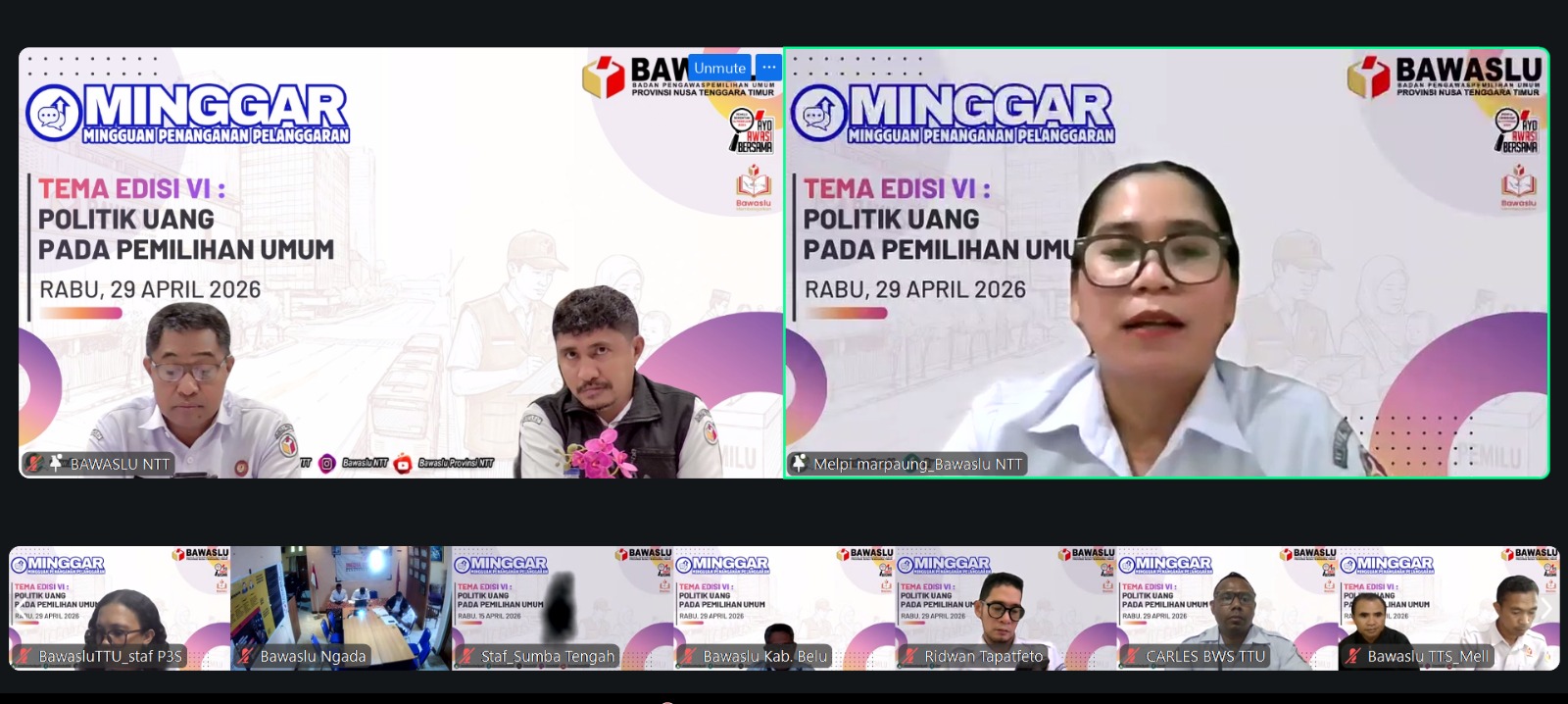 Sebagai wadah peningkatan kapasitas jajaran Pengawas Pemilu di lingkup Provinsi Nusa Tenggara Timur (NTT), Badan Pengawas Pemilihan Umum (Bawaslu) Provinsi NTT menggelar kegiatan Mingguan Penanganan Pelanggaran (MINGGAR) Edisi VI, Rabu (29/04/2026). 