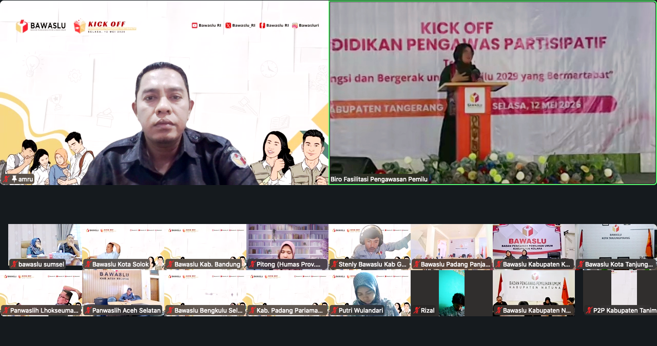 Badan Pengawas Pemilihan Umum Republik Indonesia resmi membuka Kick Off Pendidikan Pengawas Partisipatif (P2P) Tahun 2026 dengan tema “Berfungsi dan Bergerak untuk Pemilu 2029 yang Bermartabat”, Selasa (12/5/2026) secara daring melalui Zoom Meeting dan live streaming YouTube Bawaslu RI.