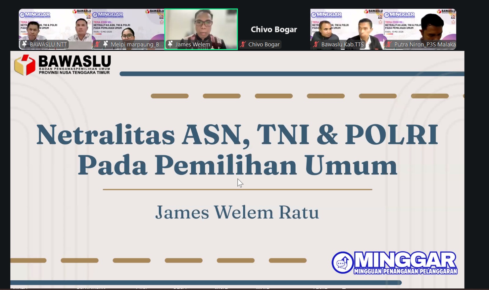 Sebagai wadah peningkatan kapasitas jajaran Pengawas Pemilu di lingkup Provinsi Nusa Tenggara Timur (NTT), Badan Pengawas Pemilihan Umum (Bawaslu) Provinsi NTT menggelar kegiatan Mingguan Penanganan Pelanggaran (MINGGAR) Edisi VII, Rabu (13/05/2026). 