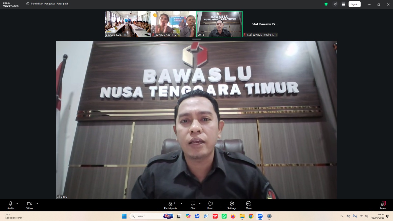 Anggota Bawaslu Provinsi Nusa Tenggara Timur Koordinator Divisi Pencegahan, Partisipasi Masyarakat dan Hubungan Masyarakat (P2H), Amrunur Muh. Darwan, resmi membuka kegiatan Pendidikan Pengawas Partisipatif (P2P) Tahun 2026 Bawaslu Kabupaten Timor Tengah Selatan (TTS) secara daring, Senin (8/6/2026).